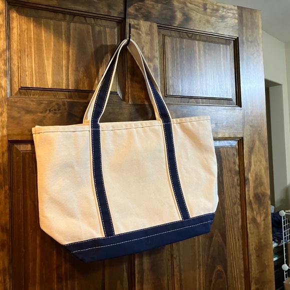 HEAVY CANVAS ZIP CLOSE TOTE, OFF WHITE AND NAVY, LARGE CAPACITY SITS FLAT 19x12 - Picture 11 of 11